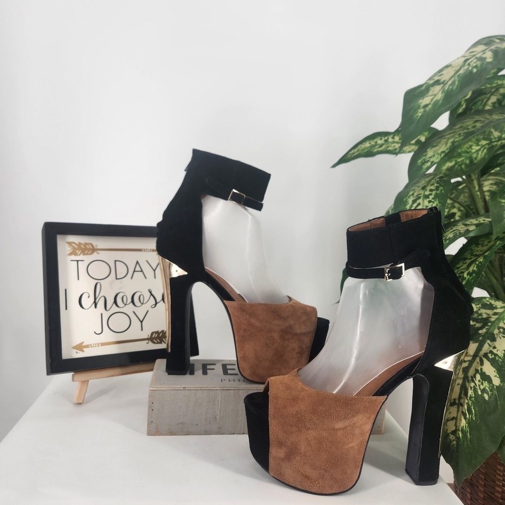 Jeffrey Campbell All The Way Platform Metal Suede Leather Heel Stretch HTF Sz 9M